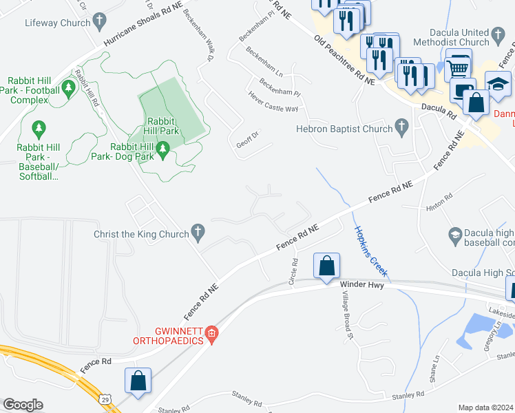 map of restaurants, bars, coffee shops, grocery stores, and more near 2123 Yarbrough Way in Dacula