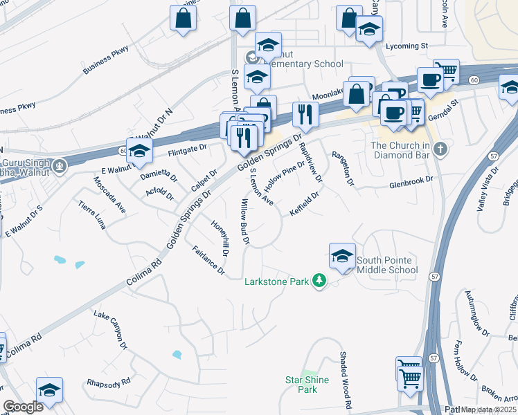 map of restaurants, bars, coffee shops, grocery stores, and more near 20535 Trend Court in Walnut