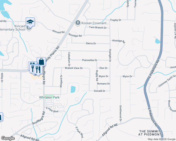 map of restaurants, bars, coffee shops, grocery stores, and more near 1841 Branch View Drive in Marietta