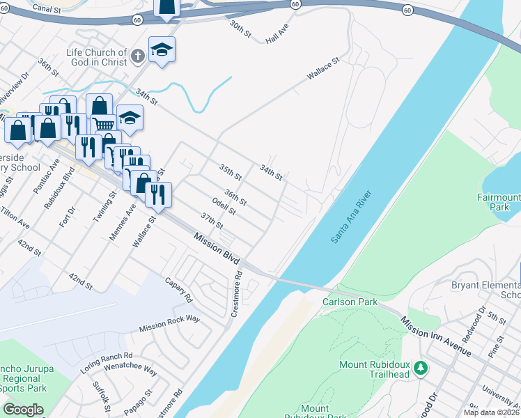 map of restaurants, bars, coffee shops, grocery stores, and more near 5235 36th Street in Riverside