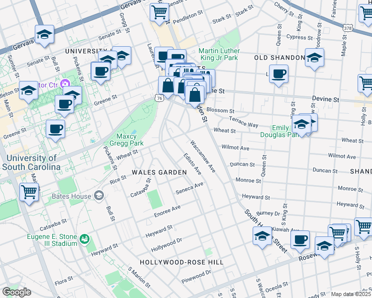 map of restaurants, bars, coffee shops, grocery stores, and more near 408 Edisto Avenue in Columbia