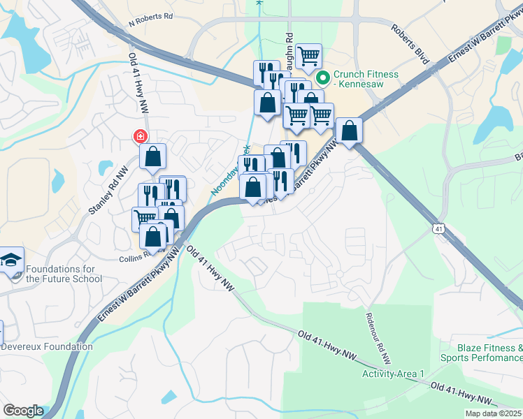map of restaurants, bars, coffee shops, grocery stores, and more near 1615 Ridenour Boulevard Northwest in Kennesaw