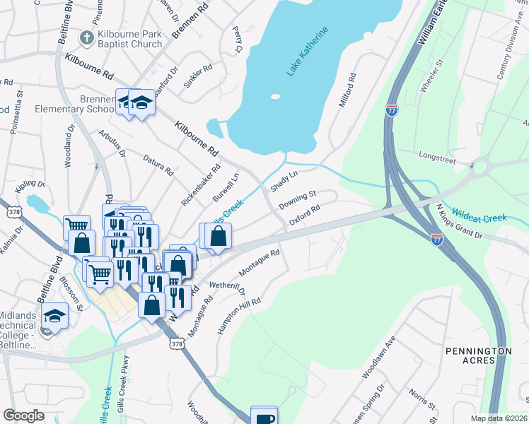 map of restaurants, bars, coffee shops, grocery stores, and more near 51 Downing Street in Columbia