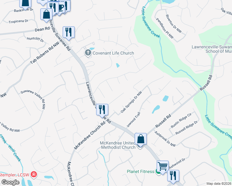map of restaurants, bars, coffee shops, grocery stores, and more near 1765 Cherry Log Way NW in Lawrenceville