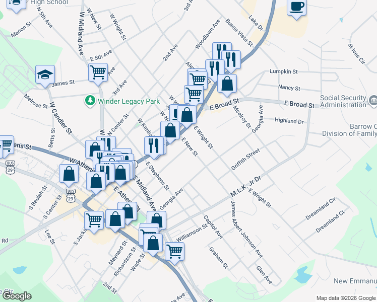 map of restaurants, bars, coffee shops, grocery stores, and more near 30 East New Street in Winder