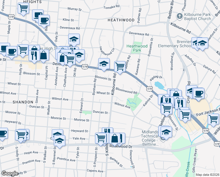 map of restaurants, bars, coffee shops, grocery stores, and more near 511 Kilbourne Road in Columbia