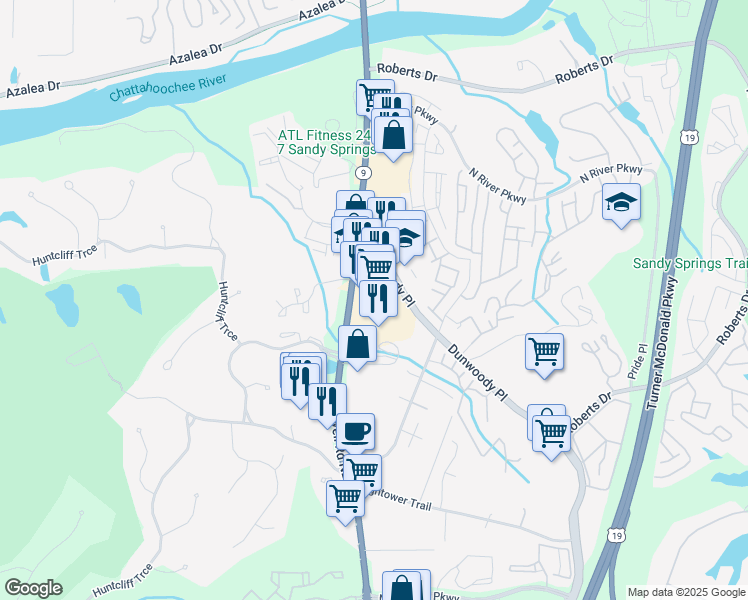 map of restaurants, bars, coffee shops, grocery stores, and more near 8725 Roswell Road in Atlanta