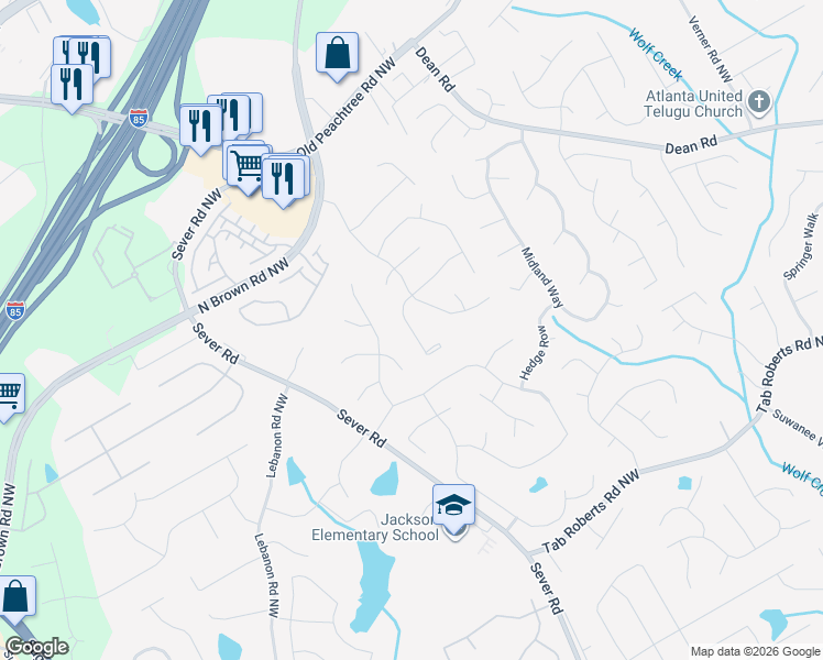 map of restaurants, bars, coffee shops, grocery stores, and more near 1385 Cresthaven Ln NW in Lawrenceville