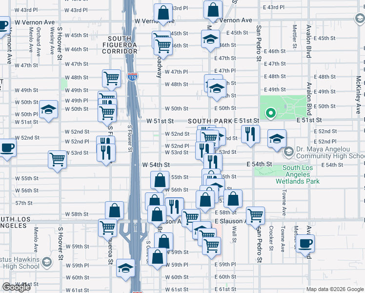 map of restaurants, bars, coffee shops, grocery stores, and more near 206 West 52nd Place in Los Angeles