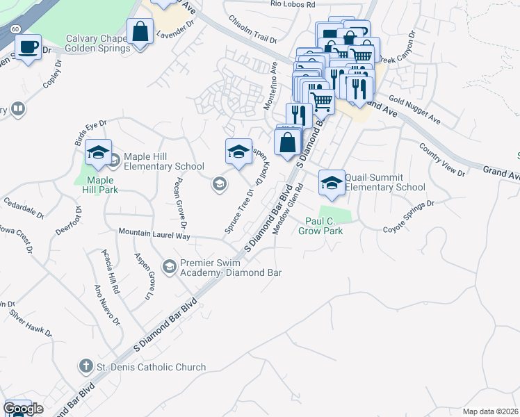 map of restaurants, bars, coffee shops, grocery stores, and more near 1609 South Diamond Bar Boulevard in Diamond Bar