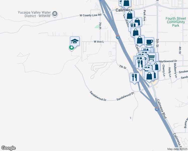 map of restaurants, bars, coffee shops, grocery stores, and more near E Street in Calimesa