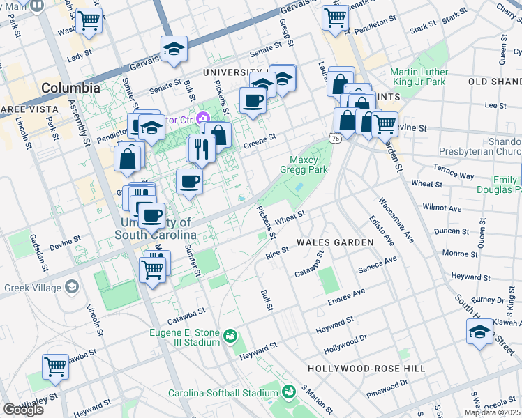 map of restaurants, bars, coffee shops, grocery stores, and more near 1601 Park Circle in Columbia