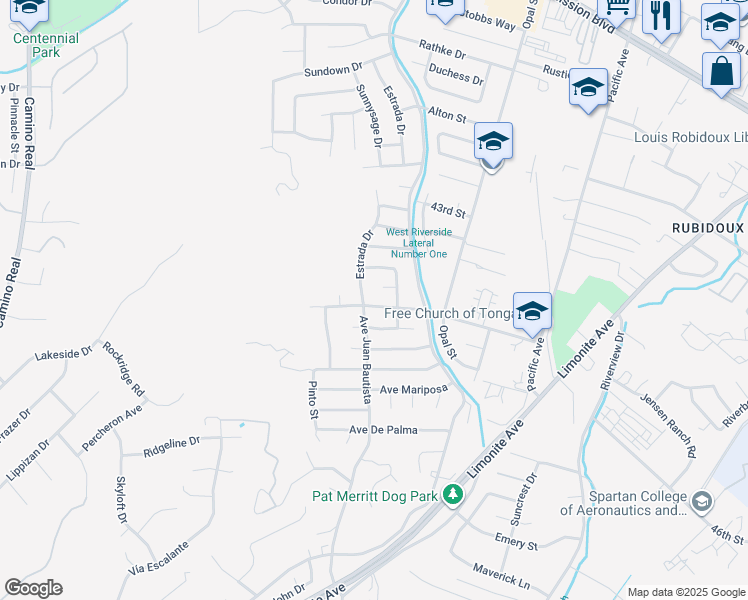 map of restaurants, bars, coffee shops, grocery stores, and more near 6581 45th Street in Riverside