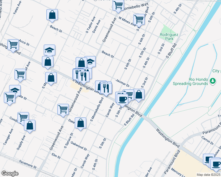 map of restaurants, bars, coffee shops, grocery stores, and more near 932 South Montebello Boulevard in Montebello
