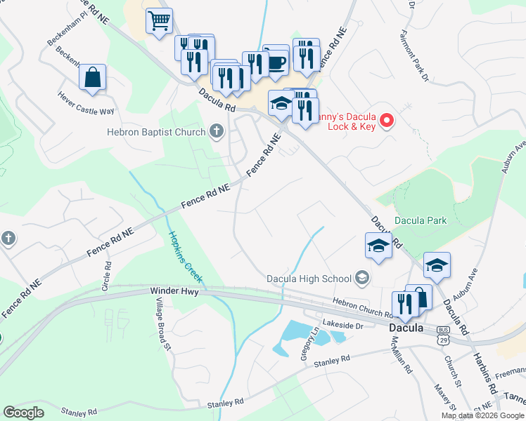 map of restaurants, bars, coffee shops, grocery stores, and more near 2395 Hinton Road in Dacula
