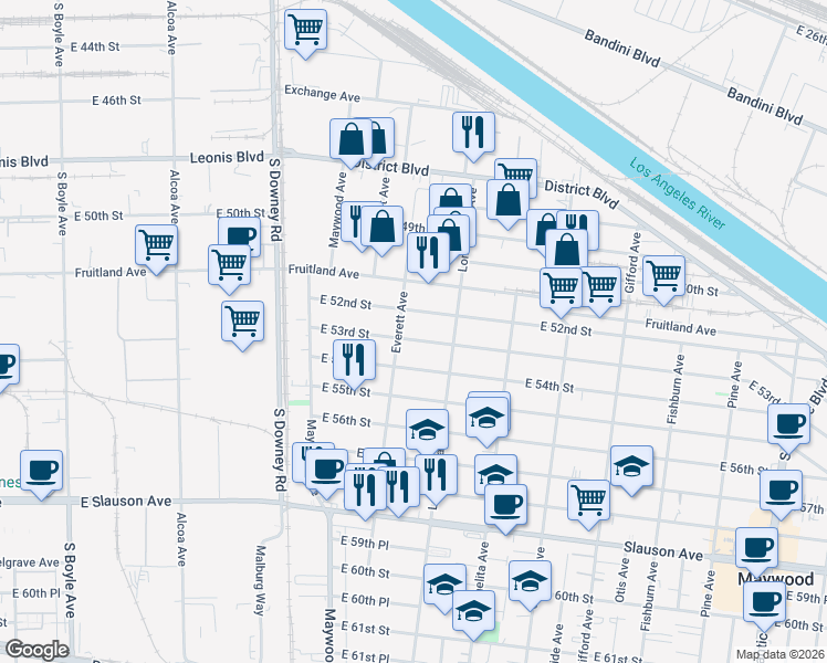 map of restaurants, bars, coffee shops, grocery stores, and more near 3601 East 53rd Street in Maywood