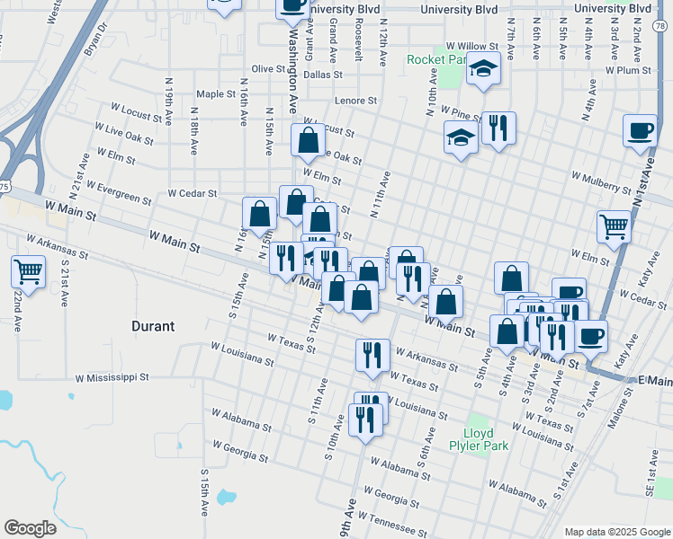 map of restaurants, bars, coffee shops, grocery stores, and more near 112 North 12th Avenue in Durant