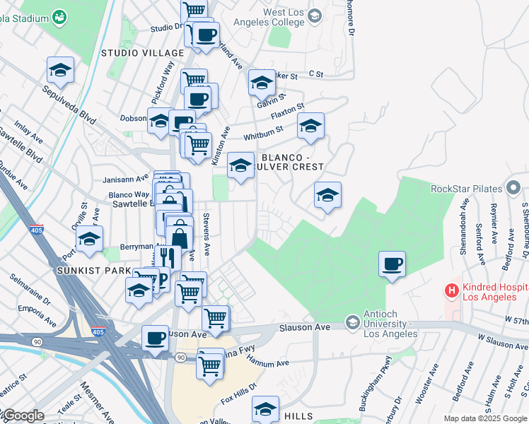 map of restaurants, bars, coffee shops, grocery stores, and more near 11242 Grayridge Drive in Culver City