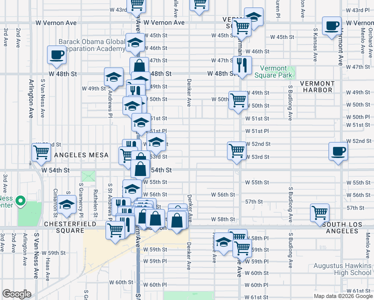map of restaurants, bars, coffee shops, grocery stores, and more near 5217 Denker Avenue in Los Angeles
