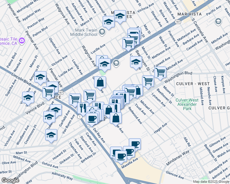 map of restaurants, bars, coffee shops, grocery stores, and more near 13324 Zanja Street in Los Angeles