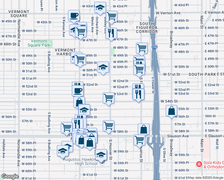 map of restaurants, bars, coffee shops, grocery stores, and more near 5260 South Hoover Street in Los Angeles