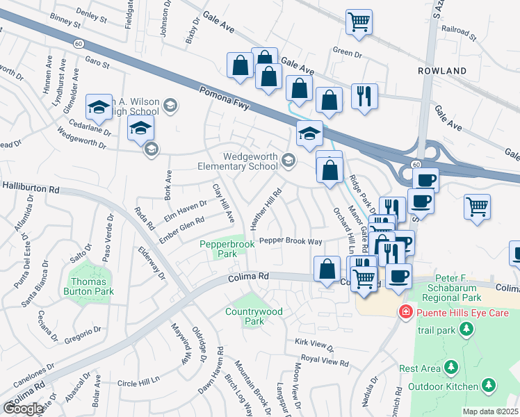 map of restaurants, bars, coffee shops, grocery stores, and more near 1607 Heather Hill Road in Hacienda Heights