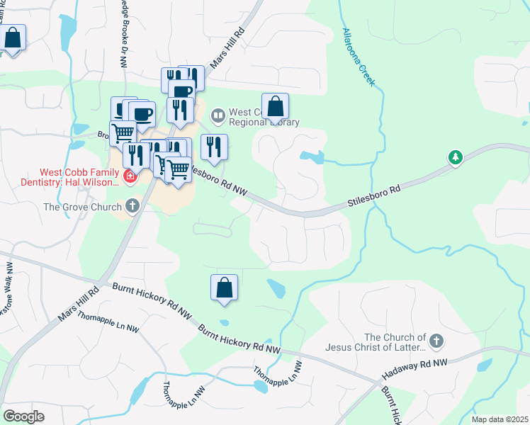 map of restaurants, bars, coffee shops, grocery stores, and more near 1690 Stone Village Lane Northwest in Kennesaw