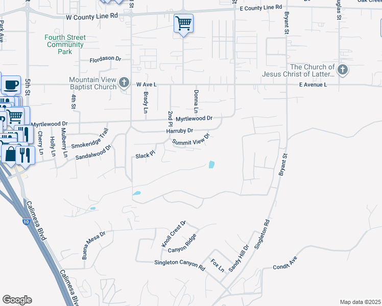 map of restaurants, bars, coffee shops, grocery stores, and more near 199 Summit View Drive in Calimesa