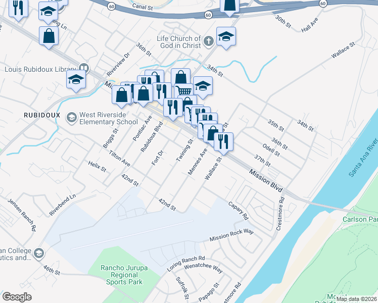map of restaurants, bars, coffee shops, grocery stores, and more near 3884 Twining Street in Riverside