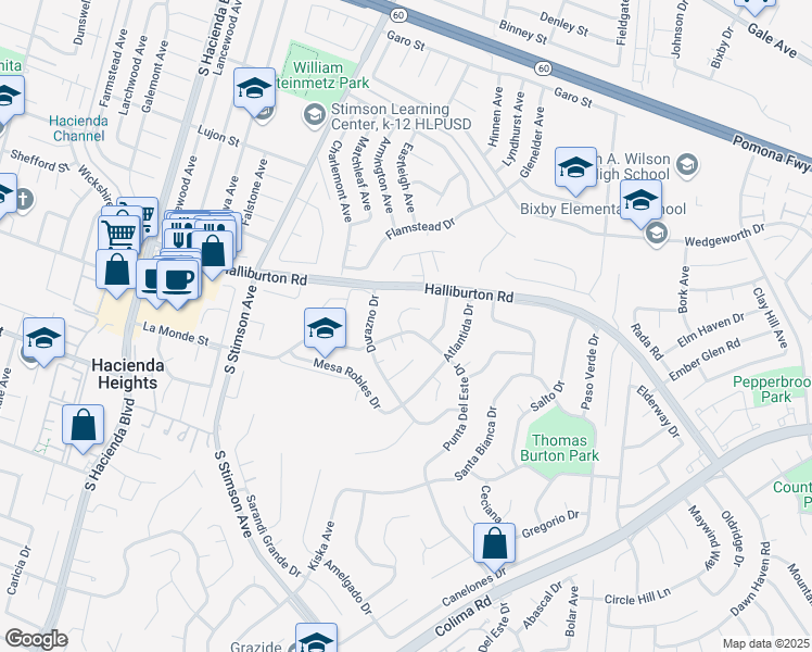 map of restaurants, bars, coffee shops, grocery stores, and more near 16171 La Monde Street in Hacienda Heights