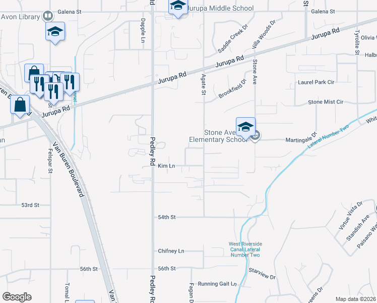 map of restaurants, bars, coffee shops, grocery stores, and more near 8668 Terrie Terrace in Jurupa Valley