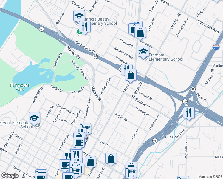 map of restaurants, bars, coffee shops, grocery stores, and more near 2452 Wilshire Street in Riverside