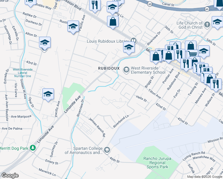 map of restaurants, bars, coffee shops, grocery stores, and more near 5954 Sky Meadow Street in Riverside