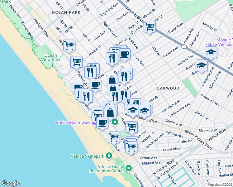 map of restaurants, bars, coffee shops, grocery stores, and more near 315 Vernon Avenue in Los Angeles