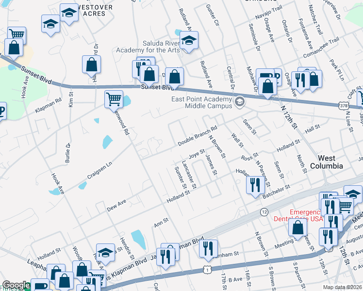 map of restaurants, bars, coffee shops, grocery stores, and more near 1651 Double Branch Road in West Columbia