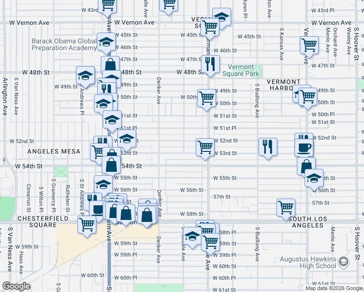 map of restaurants, bars, coffee shops, grocery stores, and more near 5211 Halldale Avenue in Los Angeles