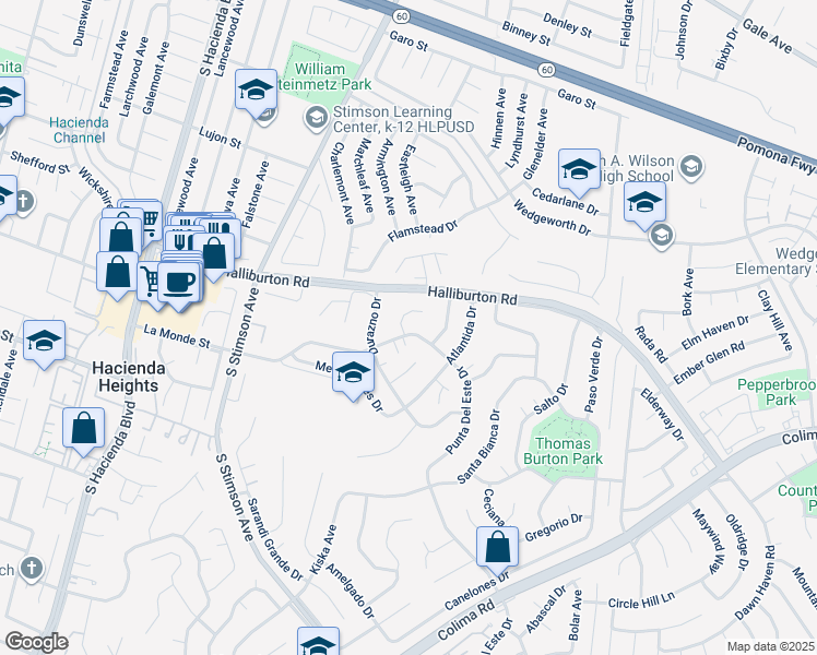 map of restaurants, bars, coffee shops, grocery stores, and more near 16171 La Monde Street in Hacienda Heights