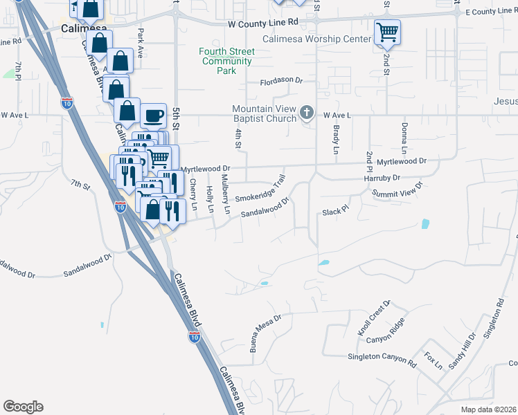 map of restaurants, bars, coffee shops, grocery stores, and more near 384 Sandalwood Drive in Calimesa