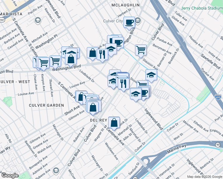 map of restaurants, bars, coffee shops, grocery stores, and more near 4471 Inglewood Boulevard in Los Angeles