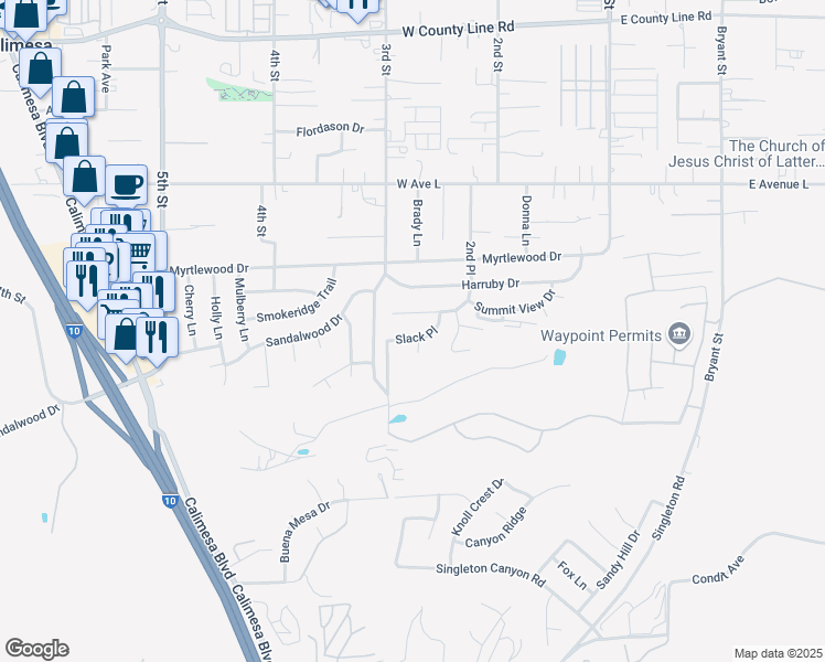 map of restaurants, bars, coffee shops, grocery stores, and more near 276 Slack Place in Calimesa