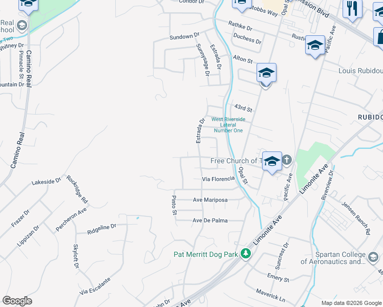 map of restaurants, bars, coffee shops, grocery stores, and more near 6649 45th Street in Riverside