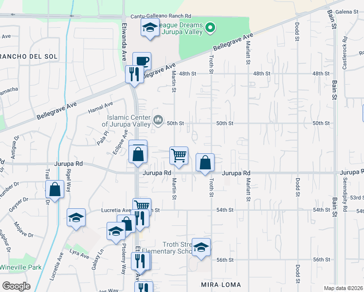 map of restaurants, bars, coffee shops, grocery stores, and more near 5120 Martin Street in Jurupa Valley
