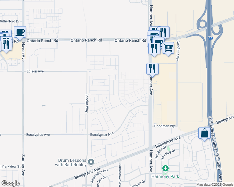 map of restaurants, bars, coffee shops, grocery stores, and more near 11071 Edison Avenue in Ontario