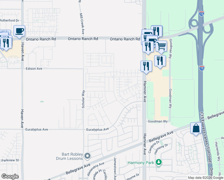 map of restaurants, bars, coffee shops, grocery stores, and more near 11071 Edison Avenue in Ontario