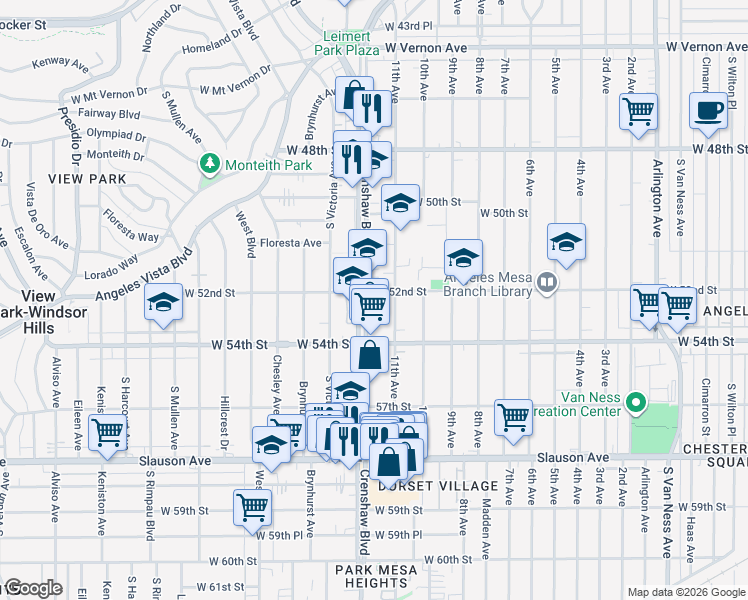map of restaurants, bars, coffee shops, grocery stores, and more near 5301 Crenshaw Boulevard in Los Angeles