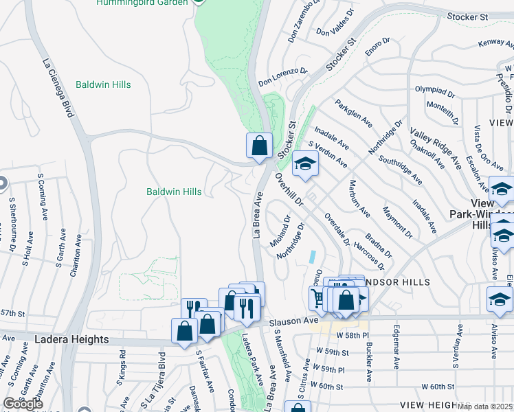 map of restaurants, bars, coffee shops, grocery stores, and more near 5101 Brea Crest Drive in View Park-Windsor Hills