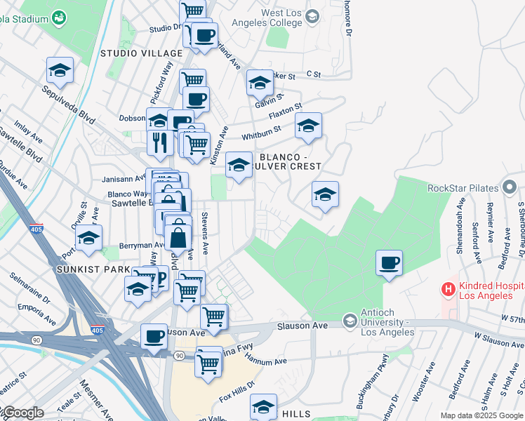 map of restaurants, bars, coffee shops, grocery stores, and more near 11242 Grayridge Drive in Culver City