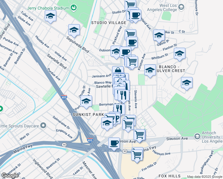 map of restaurants, bars, coffee shops, grocery stores, and more near 11220 Segrell Way in Culver City