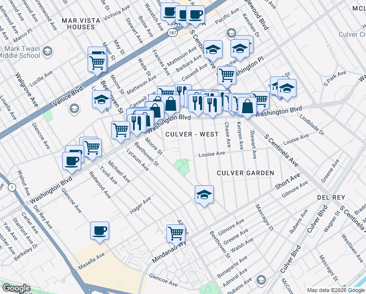 map of restaurants, bars, coffee shops, grocery stores, and more near 4124 Wade Street in Los Angeles