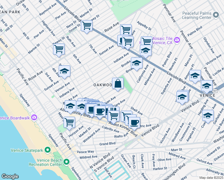 map of restaurants, bars, coffee shops, grocery stores, and more near 627 Westminster Avenue in Los Angeles